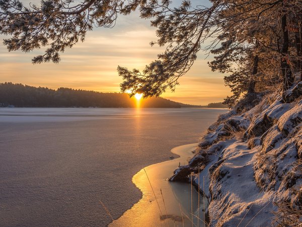 sweden, зима, озеро, рассвет, утро, швеция