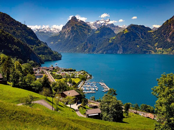 alps, Lucerne Lake, Sisikon Village, switzerland, Альпы, горы, деревня, ЛЮЦЕРНСКОЕ ОЗЕРО, озеро, панорама, ФИРВАЛЬДШТЕТСКОЕ ОЗЕРО, швейцария