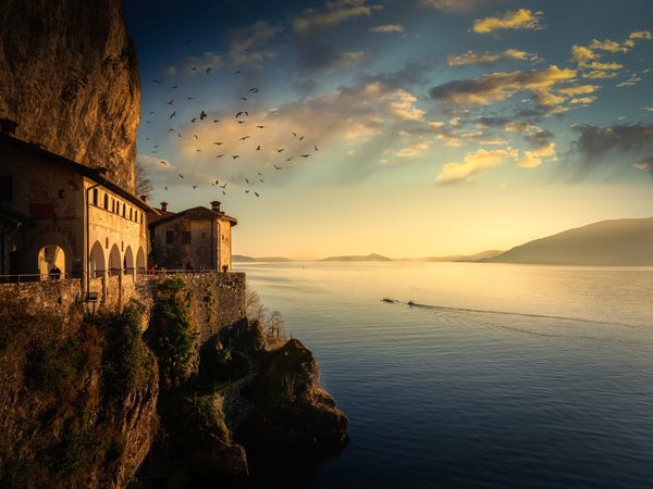 birds, Cristiano Giani, houses, rocks, ship, дома, корабль, птицы, скалы