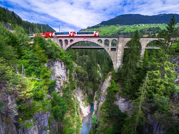 Albula River, Graubünden, Solis Viaduct, switzerland, виадук, Виадук Солис, Граубюнден, каньон, мост, поезд, река, Река Альбула, скалы, швейцария
