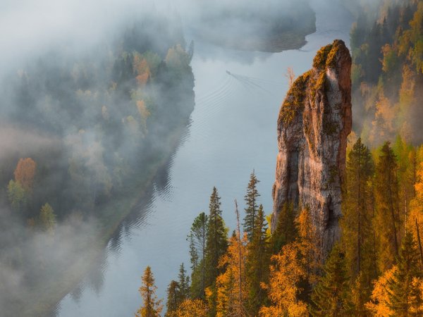 осень, река, скалы, туман