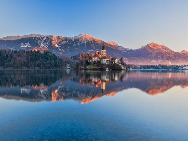 Блед, горы, озеро, свет, Словения, церковь
