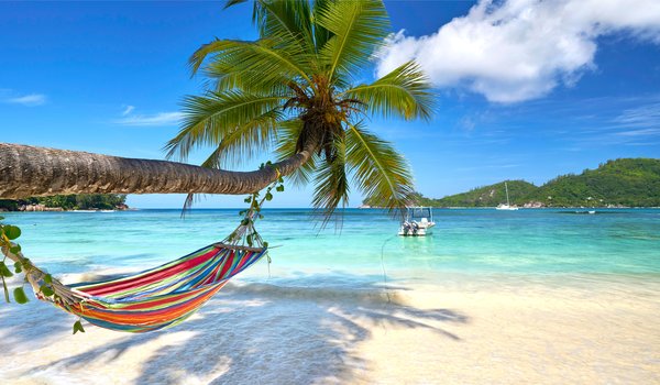 Обои на рабочий стол: beach, island, palms, paradise, sand, sea, summer, tropical, берег, гамак, море, пальмы, песок, пляж, солнце