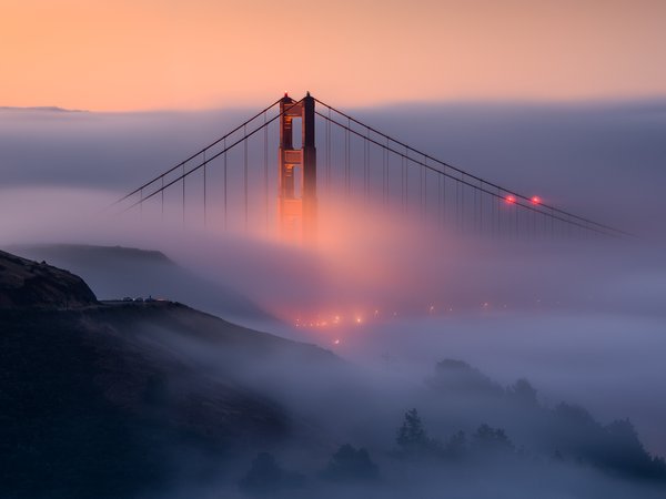 мост золотые ворота, огни, сан-франциско, свет, сша, туман, утро