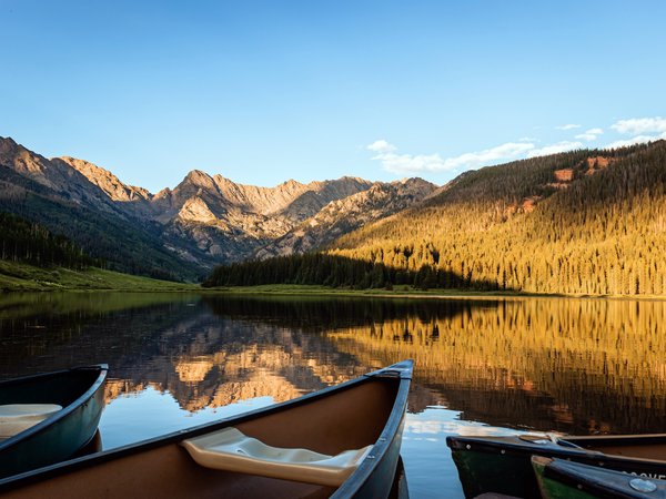 Colorado, jungle, Piney Lake, Sunrise Boat, usa, восход, горы, лодки, озеро, сша