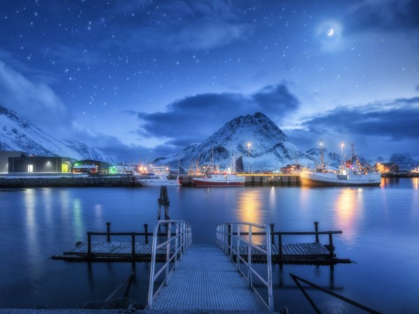 Lofoten Island, norway, sunset, вода, дома, закат, зимний пейзаж, корабли, норвегия, Остров Лофотен, пирс