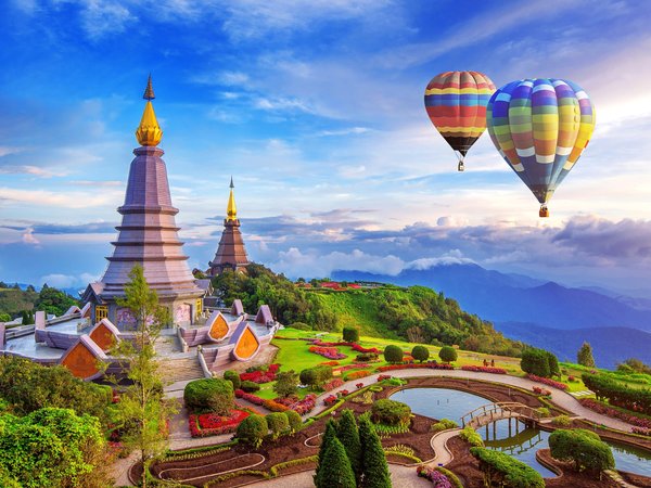 Doi Inthanon, воздушные шары, Дои-Интханон, национальный парк, облака, пагода, пейзаж, природа, таиланд