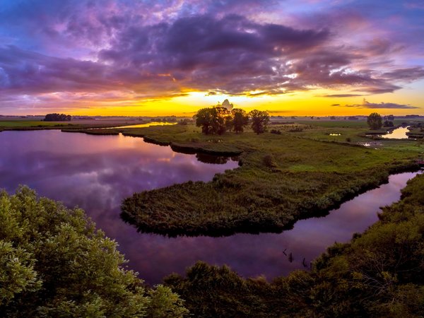 Terneuzen, Zeeland, закат, река