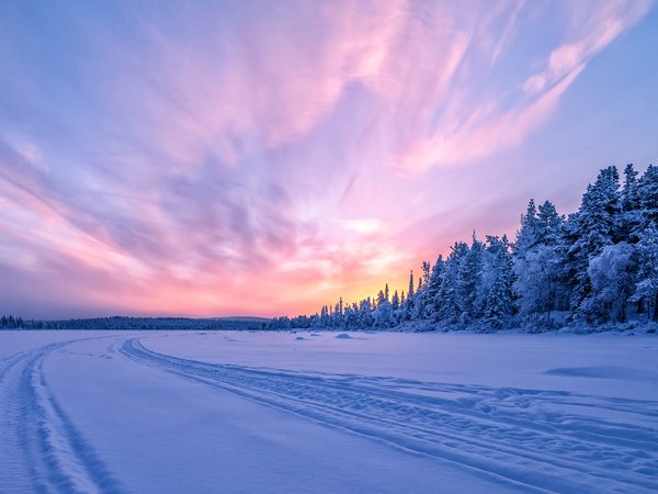 sweden, Torne River, закат, замёрзшая река, зима, лес, Река Турнеэльвен, снег, швеция