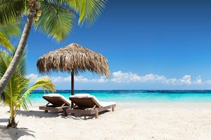 Обои на рабочий стол: beach, palms, paradise, sand, sea, tropical, vacation, море, отдых, песок, пляж