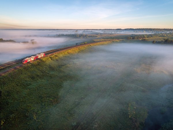 aerial view, fog, railway, river, summer, вид сверху, железная дорога, лето, поезд, просторы, река, россия, туман