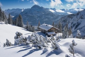 Обои на рабочий стол: alps, Austria, Tyrol, австрия, Альпы, горы, домик, ели, зима, снег, сугробы, Тироль