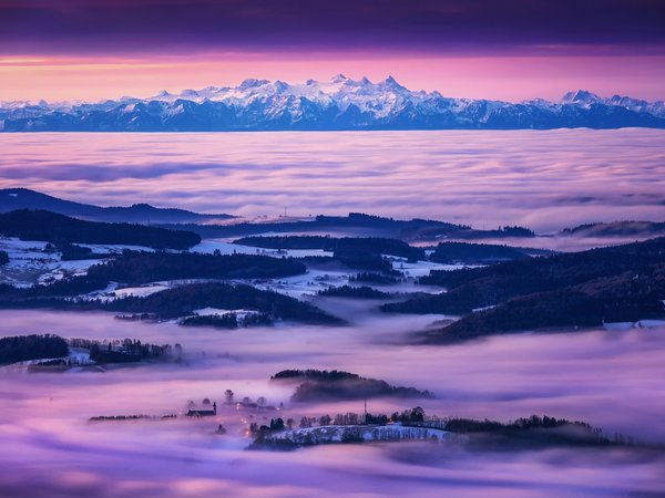 горы, долина, небо, туман, утро