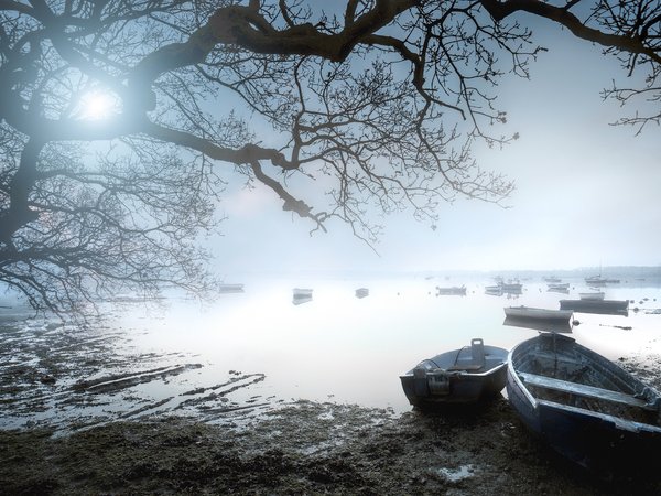 лодки, озеро, свет, туман, утро