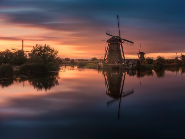 ветряные мельницы, вечер, канал, нидерланды, река
