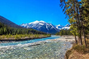 Обои на рабочий стол: British Columbia, canada, Canadian Rockies, Kootenay Nation Park, Vermilion River, Британская Колумбия, горы, деревья, канада, Канадские Скалистые горы, лес, Национальный парк Кутеней, река, Река Вермиллион