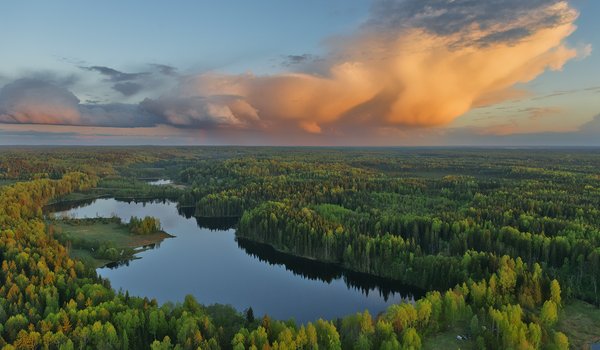 Обои на рабочий стол: Владимир Рябков, Гостилицкое озеро, закат, леса, небо, облака, пейзаж, природа