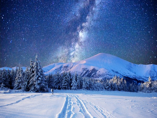 mountains, snow, starry sky, winter, Winter night landscape, горы, звездное небо, зима, Зимний ночной пейзаж, снег