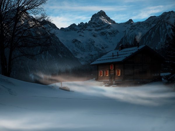 cabin, cold, evening, house, landscape, mist, mountains, nature, pine trees, snow, trees, twilight, winter