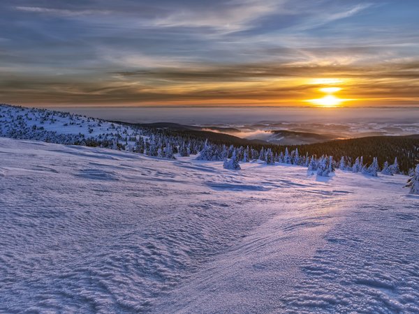 Jeseniky, mountains, sunrise, winter