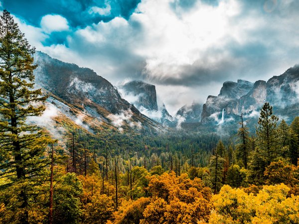 california, Sierra Nevada, Yosemite National Park, Yosemite Valley, горы, деревья, долина, Йосемитская долина, калифорния, лес, Национальный парк Йосемити, осень, Сьерра-Невада