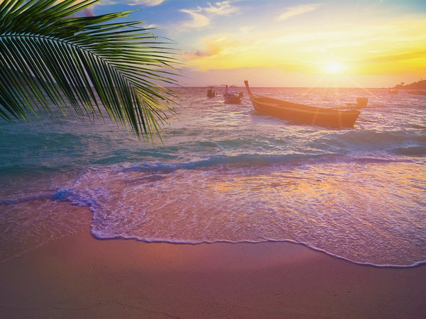 beach, beautiful, boat, palms, paradise, sand, sea, seascape, summer, sunset, tropical, берег, волны, закат, лето, море, пальмы, песок, пляж