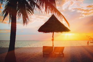 Обои на рабочий стол: beach, beautiful, palms, paradise, sand, sea, seascape, summer, sunset, tropical, берег, волны, закат, лето, море, пальмы, песок, пляж