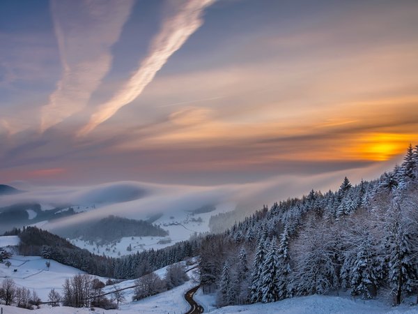 горы, закат, зима