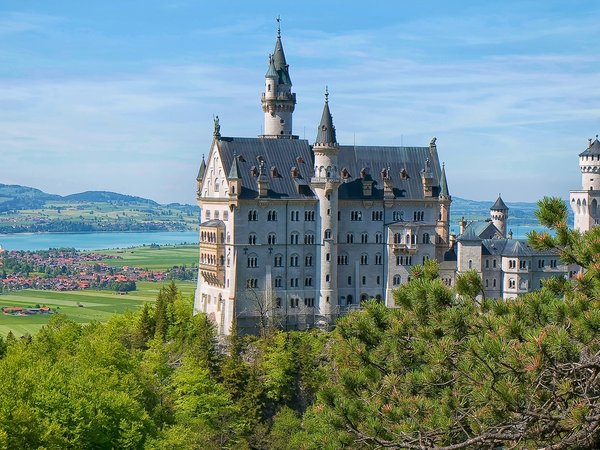 bavaria, germany, Neuschwanstein Castle, бавария, германия, долина, замок, Замок Нойшванштайн, озеро, панорама
