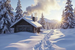 Обои на рабочий стол: forest, house, hut, mountains, nature, snow, winter, горы, домик, елки, зима, лес, снег, хижина