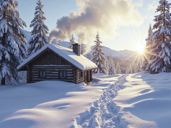 forest, house, hut, mountains, nature, snow, winter, горы, домик, елки, зима, лес, снег, хижина