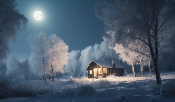 Обои на рабочий стол: cabin, christmas, forest, frost, moonlight, new year, night, rustic, snow, winter, wooden, зима, лес, мороз, новый год, ночь, рождество, снег, хижина