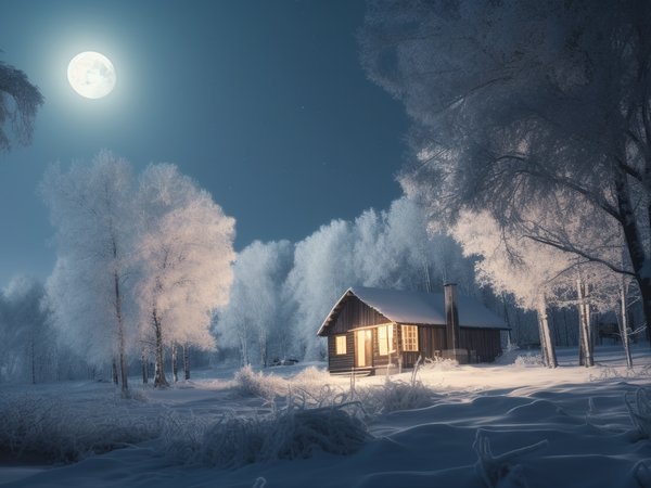 cabin, christmas, forest, frost, moonlight, new year, night, rustic, snow, winter, wooden, зима, лес, мороз, новый год, ночь, рождество, снег, хижина