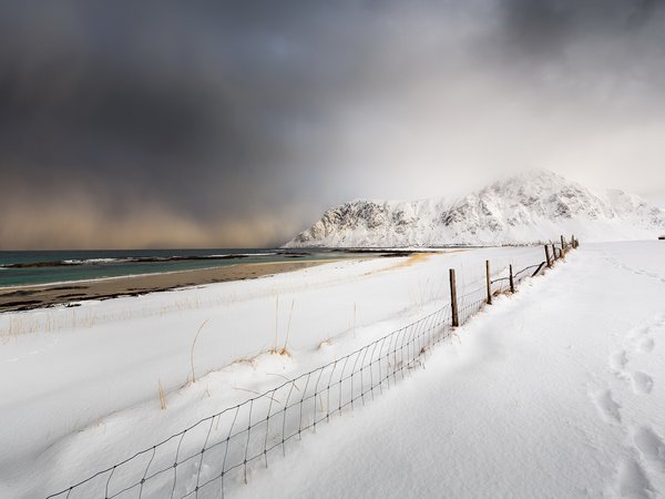 берег, забор, зима, море, снег