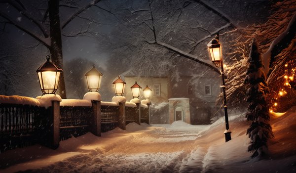 Обои на рабочий стол: alley, christmas, lights, night, park, snow, street, trees, winter, деревья, зима, ночь, парк, снег, улица, фонари