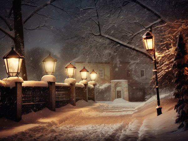 alley, christmas, lights, night, park, snow, street, trees, winter, деревья, зима, ночь, парк, снег, улица, фонари