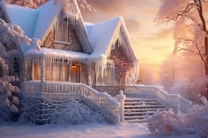 Обои на рабочий стол: cottage, frost, house, rustic, snow, tree, winter, wonderland, домик, зима, коттедж, лед, мороз, снег, сосульки