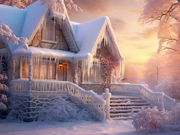 cottage, frost, house, rustic, snow, tree, winter, wonderland, домик, зима, коттедж, лед, мороз, снег, сосульки