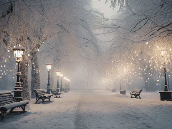 alley, bench, christmas, decoration, lights, night, park, snow, snowflakes, street, trees, winter, деревья, зима, ночь, парк, скамейка, снег, снежинки, улица, фонари