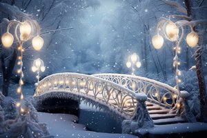 Обои на рабочий стол: bridge, christmas, decoration, lights, new year, night, park, snow, snowflakes, winter, wonderland, зима, мост, новый год, ночь, парк, рождество, снег, снежинки, фонари