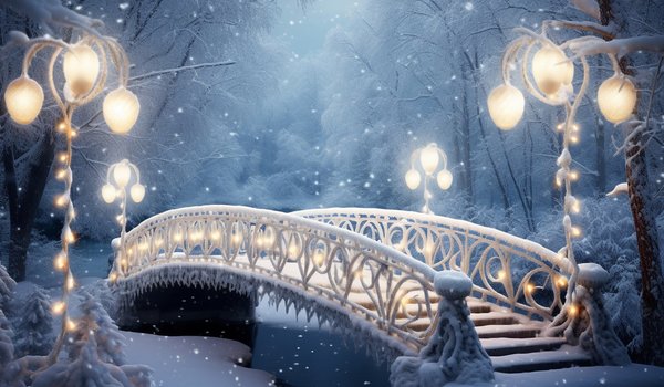 Обои на рабочий стол: bridge, christmas, decoration, lights, new year, night, park, snow, snowflakes, winter, wonderland, зима, мост, новый год, ночь, парк, рождество, снег, снежинки, фонари