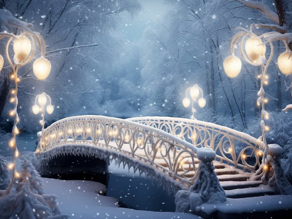 bridge, christmas, decoration, lights, new year, night, park, snow, snowflakes, winter, wonderland, зима, мост, новый год, ночь, парк, рождество, снег, снежинки, фонари