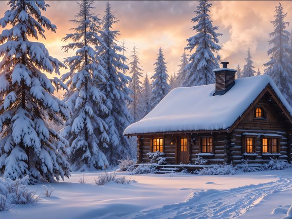 forest, house, hut, nature, snow, winter, домик, елки, зима, лес, снег, хижина