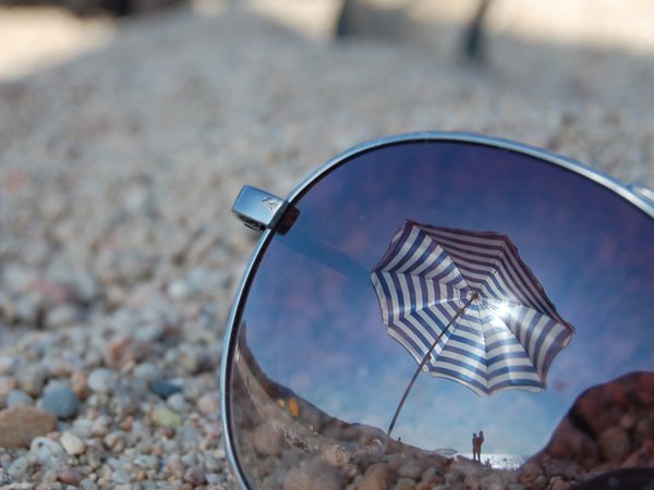 зонт, макро, отражение, очки, пляж, стекло