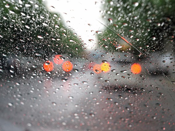 дождь, капли, макро, машины, стекло, фары