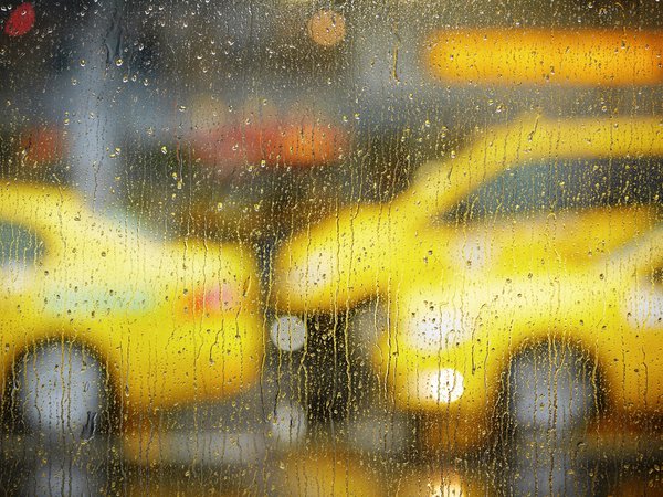 боке, город, дождь, дорога, капли, машины, окно, стекло, такси