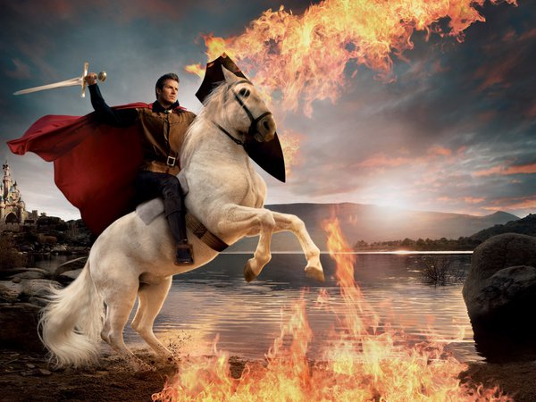david beckham, дэвид бекхэм, замок, меч, огонь, пламя, плащ, принц на белом коне