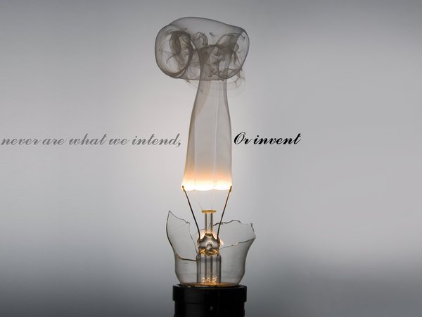 or invent, we never are what we intend, лампочка, минимализм, надпись, серый, фон