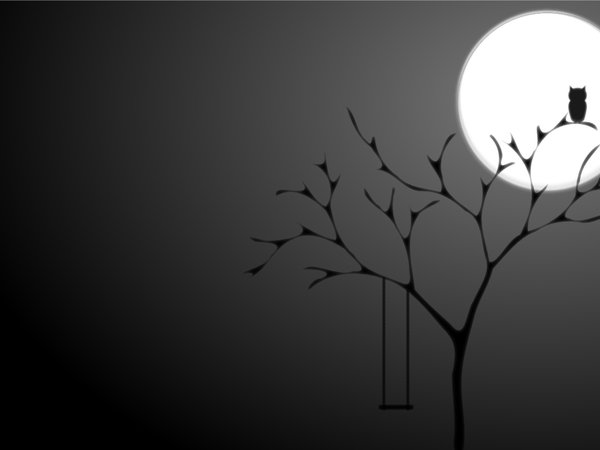 дерево, луна, минимализм, ночь, полнолуние, сова, фон, черный