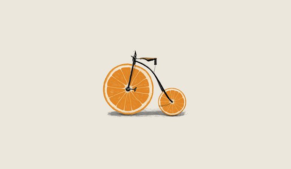 Обои на рабочий стол: hd, апельсин, вектор, велик, велосипед, дольки, иллюстрация, колёса, минимализм